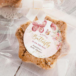 Pegatina Redonda Baby Shower de mariposa floral de boho rosa