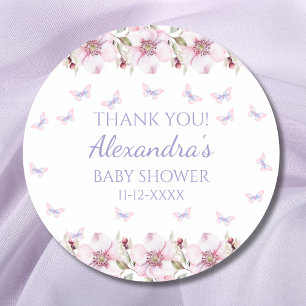 Pegatina Redonda Baby Shower de mariposa floral rosa