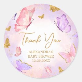 Pegatina Redonda Baby Shower de mariposa morada de oro rosa