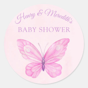 Pegatina Redonda Baby Shower de mariposa rosa y morada