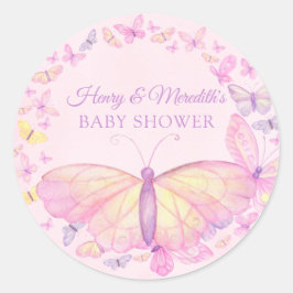 Pegatina Redonda Baby Shower de mariposa rosa y morada