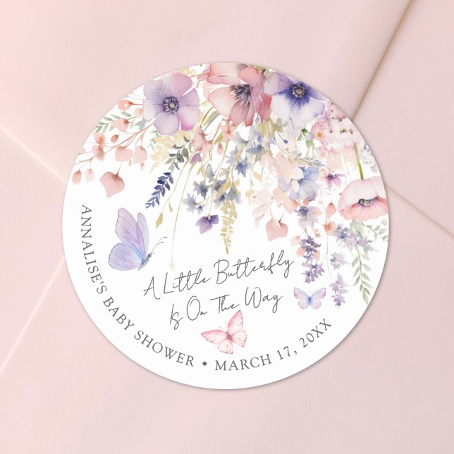 Pegatina Redonda Baby Shower de mariposa silvestre (Butterfly Wildflower Baby Shower Classic Round Sticker)