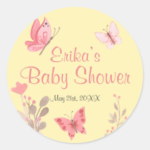 Pegatina Redonda Baby Shower de mariposas florales rosadas y amaril