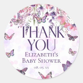 Pegatina Redonda Baby Shower de mariposas y flores silvestres púrpu