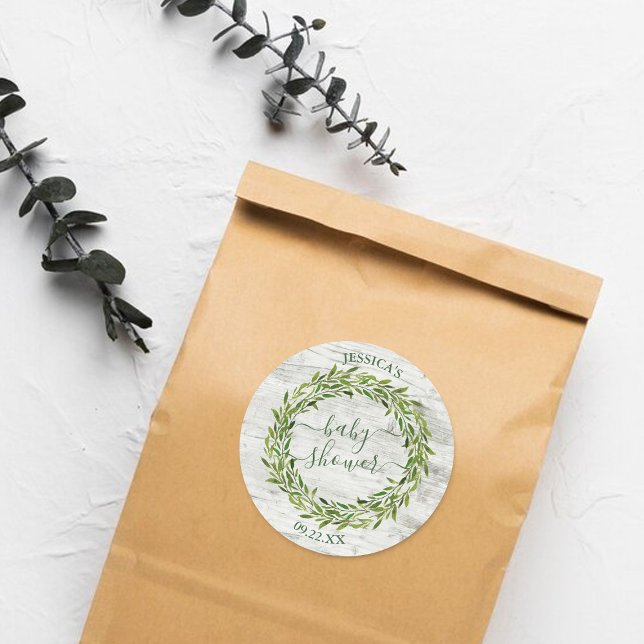 Pegatina Redonda Baby Shower de moda Laurel Wreath Greenery (Subido por el creador)