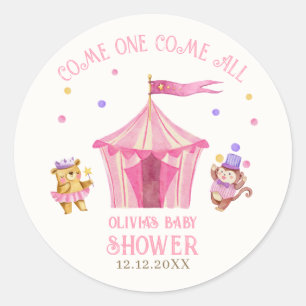 Pegatina Redonda Baby Shower de mono de oso de circo rosa único