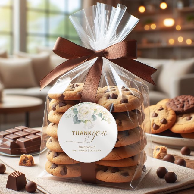 Pegatina Redonda Baby Shower de Niño – Globo Dorado y Follaje (Subido por el creador)