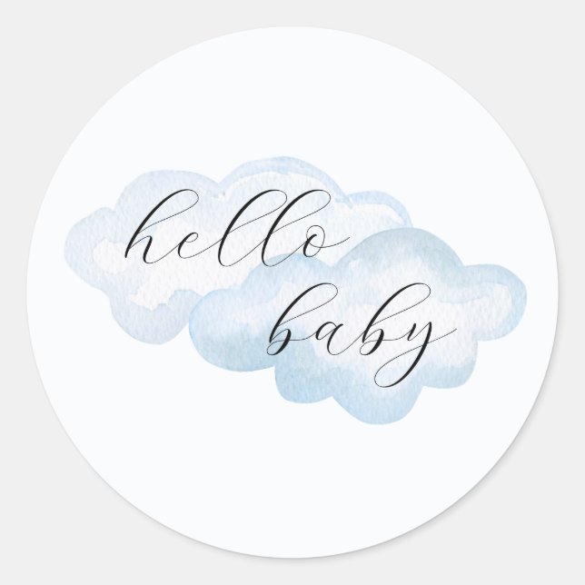 Pegatina Redonda Baby Shower de nubes azul de agua (Anverso)