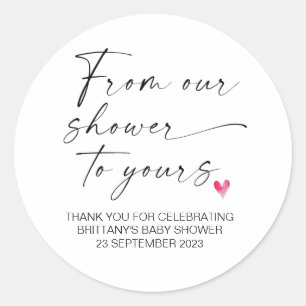 Pegatina Redonda Baby Shower de nuestra ducha a tu favor de fiesta
