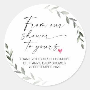 Pegatina Redonda Baby Shower de nuestra ducha a tu favor de fiesta