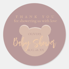 Pegatina Redonda Baby Shower de oso moderno y minimalista Gracias
