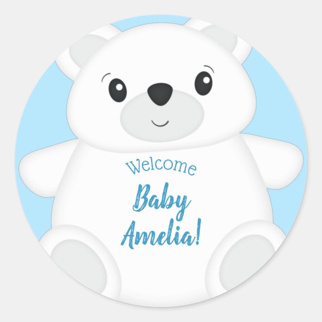 Pegatina Redonda Baby Shower de oso polar azul (Anverso)