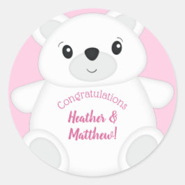 Pegatina Redonda Baby Shower de oso polar rosa