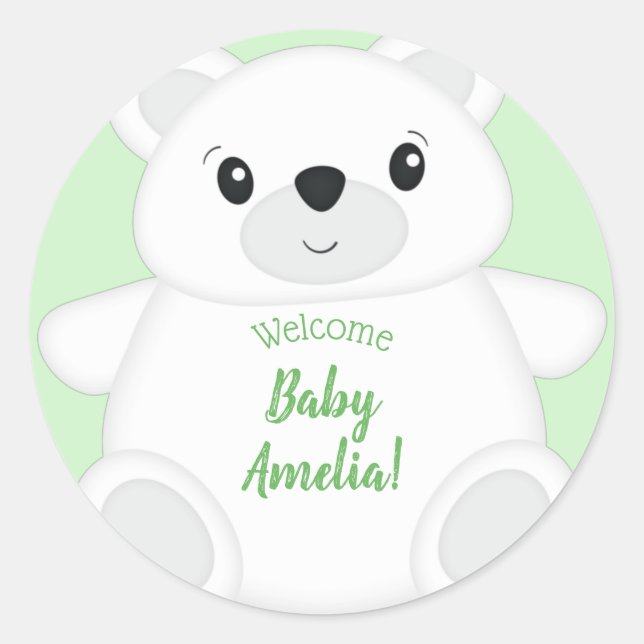 Pegatina Redonda Baby Shower de oso polar verde (Anverso)