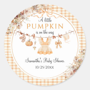 Pegatina Redonda Baby Shower de otoño moderno Chica de calabaza de