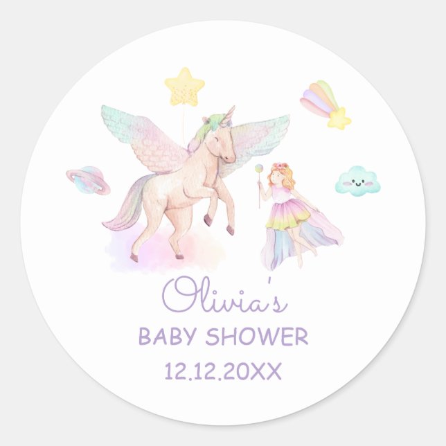 Pegatina Redonda Baby Shower de Pastel Princess Unicorn (Anverso)