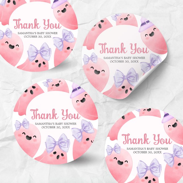Pegatina Redonda Baby Shower de Pink Little Boo Halloween (Girl Little Boo Halloween Baby Shower Sticker)
