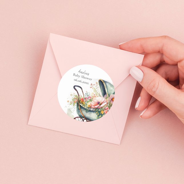 Pegatina Redonda Baby Shower de Pram Vintage personalizado (Subido por el creador)