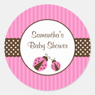 Pegatina Redonda Baby Shower de puntos rayados de bicho rosa y marr