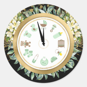 Pegatina Redonda Baby Shower de reloj de Año Nuevo