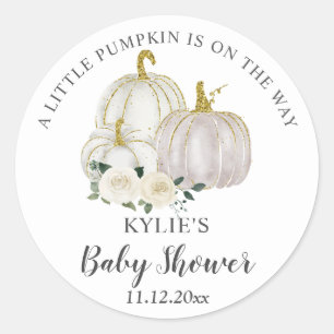 Pegatina Redonda Baby Shower de Rosas de calabaza blanca de color d