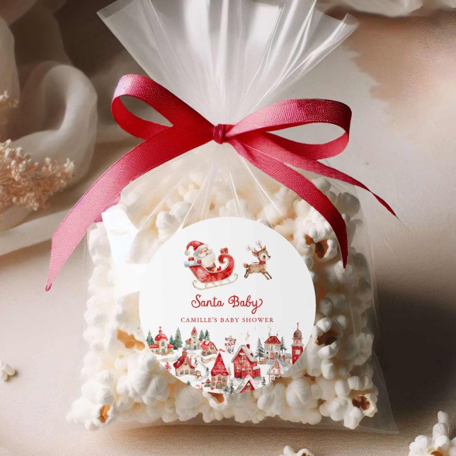 Pegatina Redonda Baby Shower de Santa Baby Winter Wonderland (Santa Baby Christmas Baby shower round sticker)