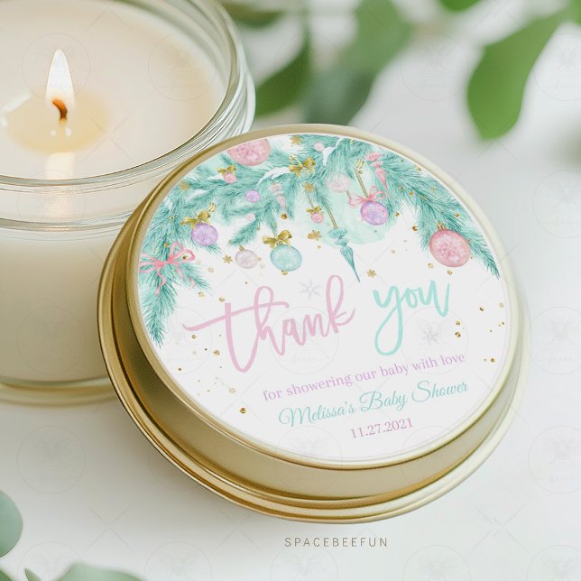 Pegatina Redonda Baby Shower de Santa Bebé (Santa Baby Baby Shower, thank you tag,baby shower invitation, sticker gift tag, holiday baby shower,)