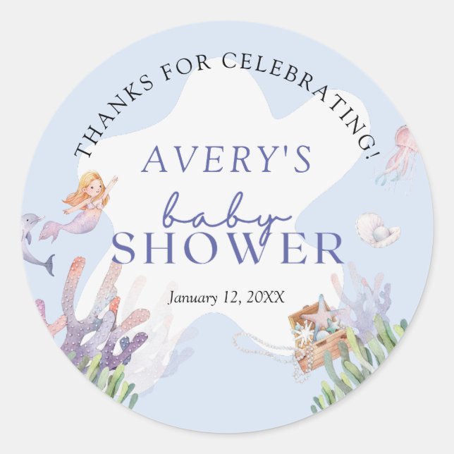 Pegatina Redonda Baby Shower de Sirena ilustrada Gracias (Anverso)