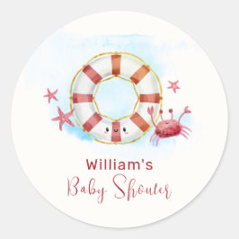 Pegatina Redonda Baby Shower de Starfish Nautical Crab