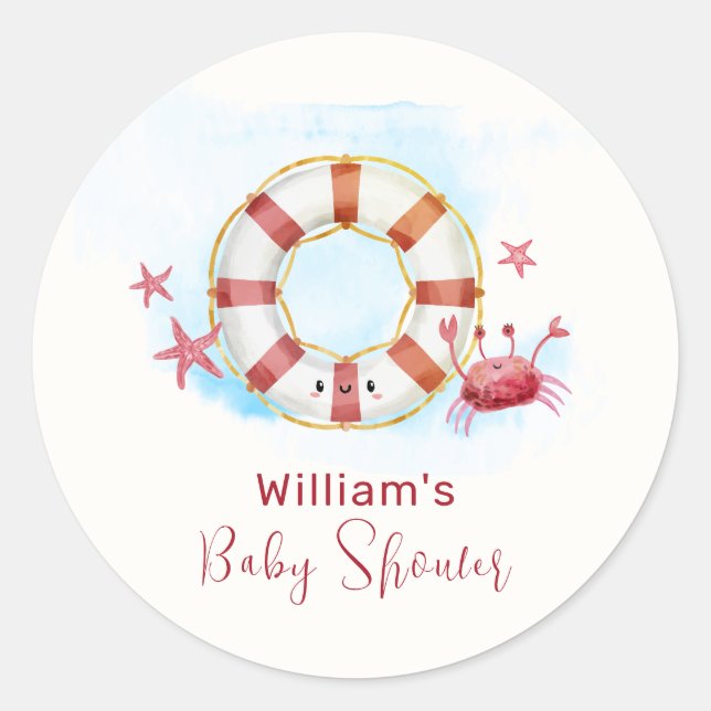 Pegatina Redonda Baby Shower de Starfish Nautical Crab (Anverso)