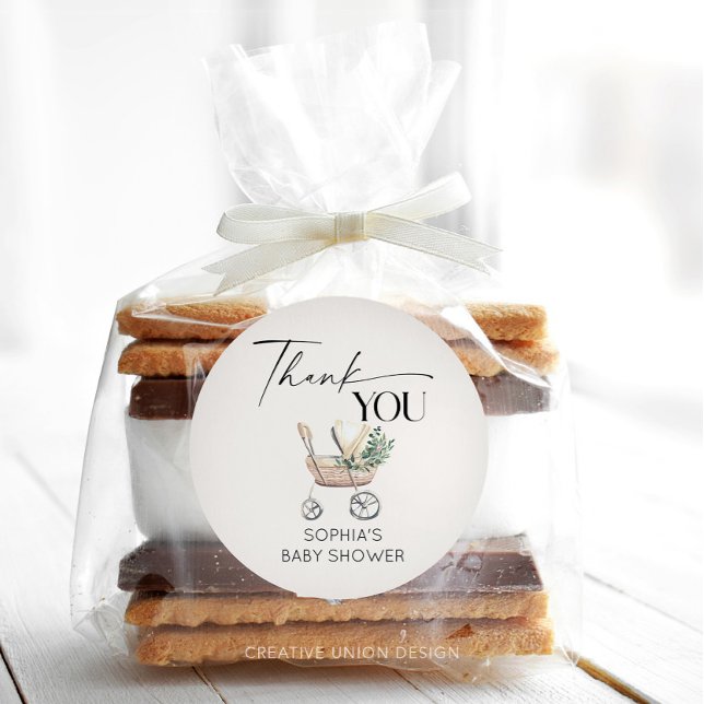 Pegatina Redonda Baby Shower de Stroller Boho Baby Neutral de Géner (favor sticker)