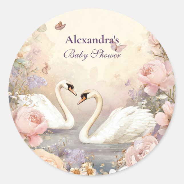 Pegatina Redonda Baby Shower de Swan Lake Garden (Anverso)