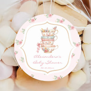 Pegatina Redonda Baby Shower de té floral rosa