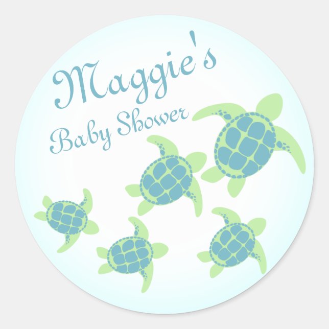 Pegatina Redonda Baby Shower de tortuga marina (Anverso)