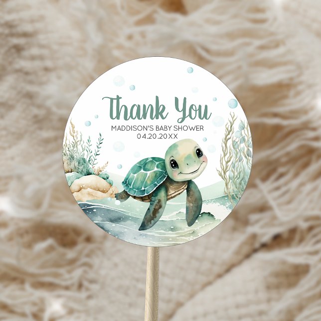 Pegatina Redonda Baby Shower de tortuga marina (Sea Turtle Baby Shower Sticker)