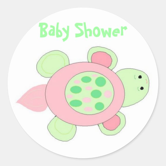 Pegatina Redonda Baby Shower de tortuga rosa (Anverso)