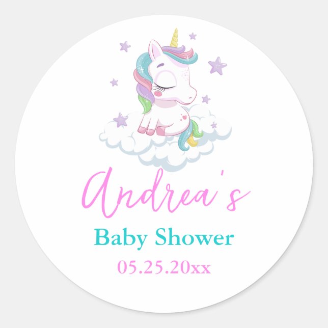 Pegatina Redonda Baby Shower de Unicorn (Anverso)