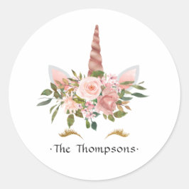 Pegatina Redonda Baby Shower de unicornio con flores de oro rosa y 