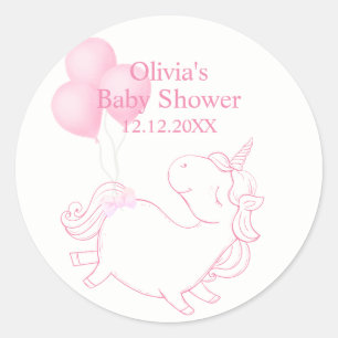 Pegatina Redonda Baby Shower de unicornio con globo rosa