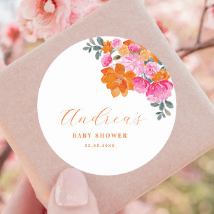 Pegatina Redonda Baby Shower de verano brillante rosa y Naranja