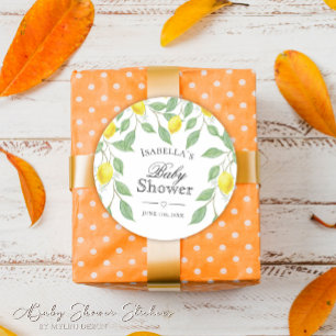 Pegatina Redonda Baby Shower de verano de Lemon Boho Moderno