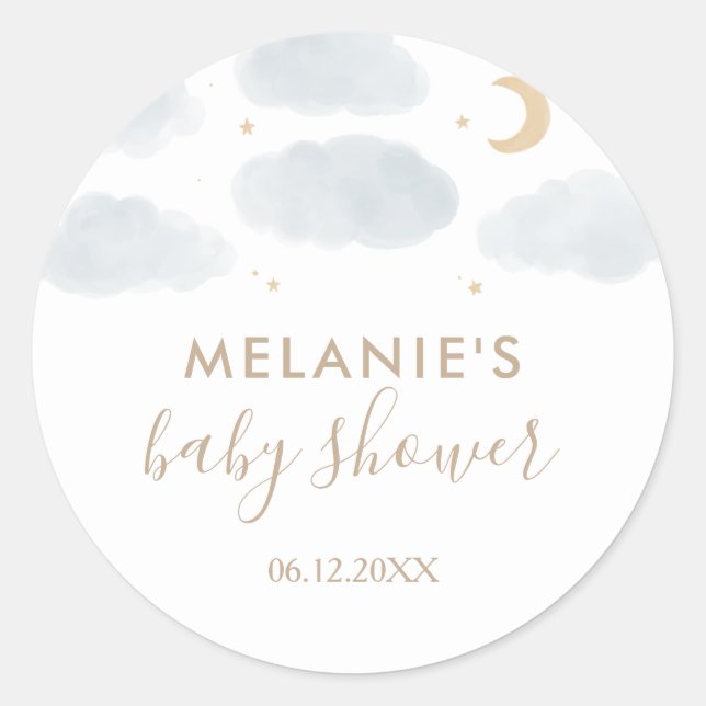 Pegatina Redonda Baby Shower de Watercolor Moon Stars (Anverso)
