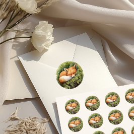 Pegatina Redonda Baby Shower de Watercolor Sleeping Fox Greenery
