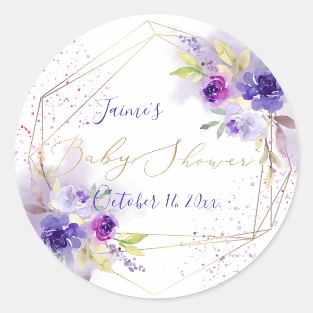 Pegatina Redonda Baby Shower de Watercolor Violet Purple Peonies (Anverso)