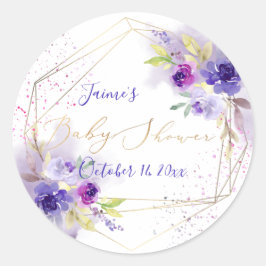 Pegatina Redonda Baby Shower de Watercolor Violet Purple Peonies