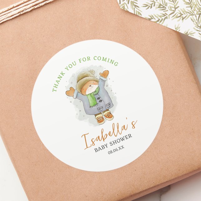 Pegatina Redonda Baby Shower de Watercolor Winter Cat Gracias (Baby shower thank you favor stickers.)