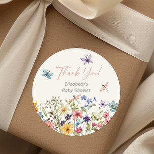 Pegatina Redonda Baby Shower de Wilflower Butterfly Garden