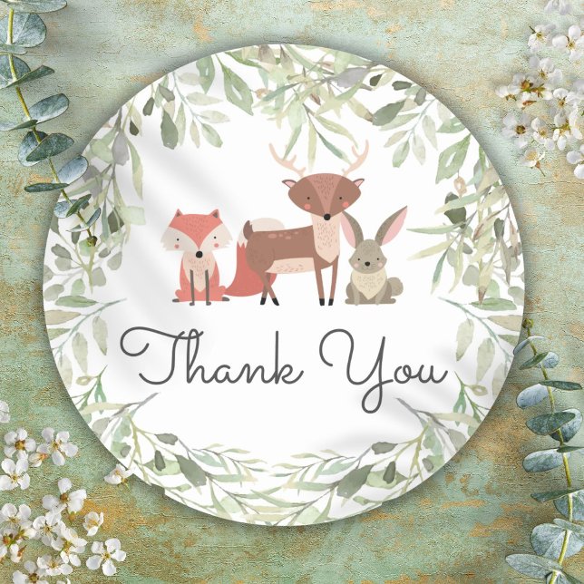 Pegatina Redonda Baby Shower de Woodland Animals (Woodland Animals Baby Shower Thank You Classic Round Sticker)