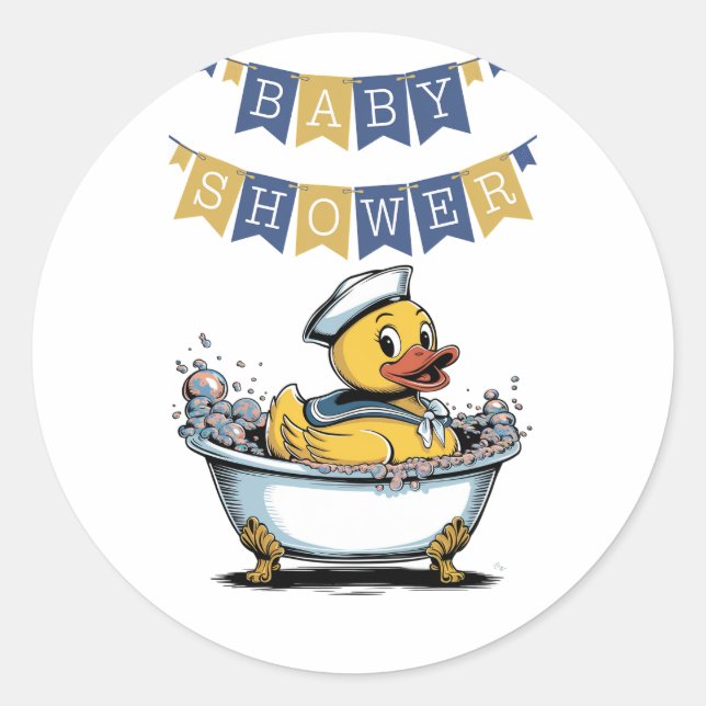 Pegatina Redonda Baby Shower de Yellow y Blue Rubber Duck Boy (Anverso)