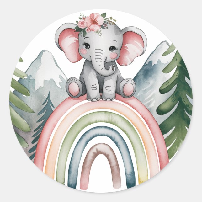 Pegatina Redonda Baby Shower del arco iris del Elefante Whimsical (Anverso)